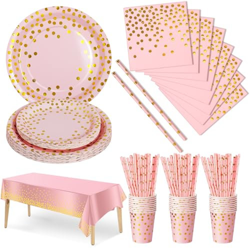 Nkaiso Vajilla de Fiesta,126 Piezas Rosado Puntos Dorados,Set de Juego de Platos y Cubiertos, cubertería de cartón, Vasos y servilletas,para cumpleaños,Aniversarios (25 Invitados)