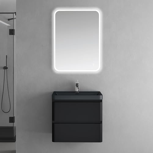 doporro Unterschrank Matt schwarz 60cm mit Waschbecken LED-Badspiegel | Wandhängendes Badmöbel-Set mit Mineralguss-Waschbecken, LED-Spiegel – pflegeleicht für moderne Bäder Lucca