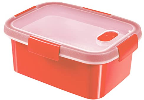 CURVER | Rect Smart Microwave Steamer 1.2 L Eco, Transparent/Red, 100% Recycled Material, 20.3 x 15.4 x 8.8 cm