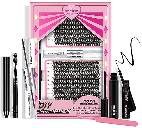 Faux Cils Kit,DIY Kit d'extension de cils avec 360 Pcs Eyelashes Cluster Extension Cils Glue Remover Applicateur de Cils Débutant Extension Cils Kit DIY Facile à utiliser(40D-D-10-16mix Kit)