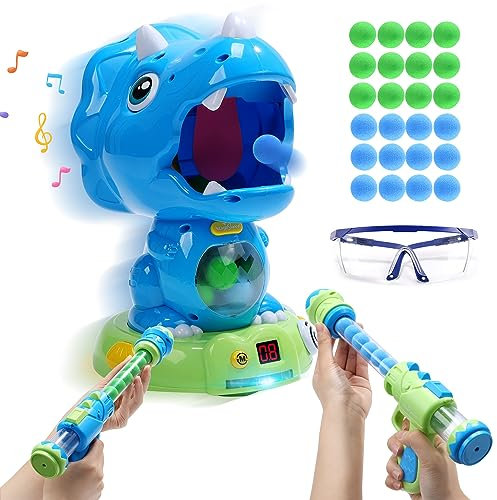 EagleStone Moveable Dinosaur Shooting Toys Triceratops Action,Kids Shooting Games mit LCD Score Record&LED, Verbesserung der Hand-Auge-Koordination Spielzeug für Jungen und Mädchen