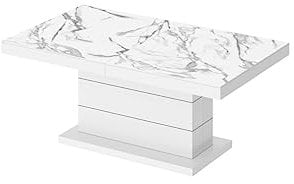 Design Couchtisch Matera Lux H-333 Marmor Natur - Weiß Hochglanz Marmoroptik höhenverstellbar ausziehbar Tisch Esstisch