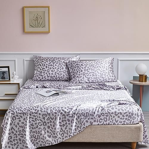 AiMay 4-teiliges Bettwäsche-Set für King-Size-Betten, Satin, tiefe Tasche, silberfarbenes Leopardenmuster, luxuriös, seidig, superweich, 1 Bettlaken, 1 Spannbetttuch, 2 Umschläge, Kissenbezüge,