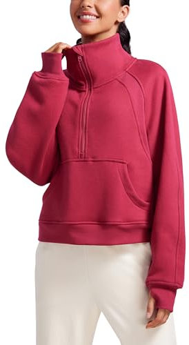 CRZ YOGA Damen Fleece Gefüttert Sweatshirt 1/2 Reißverschluss Pullover mit Taschen Winter Rollkragenpullover mit Daumenloch Granatapfel 40