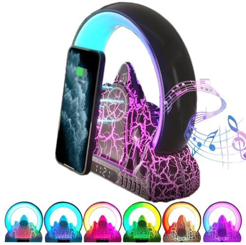 Stimmungslampe mit kabellosem Ladegerät, Bluetooth Lautsprecher 15W, kabelloses Ladegerät, Nachtlicht, Farbwechsel, Bergtimer, Wecker, Schreibtischlampe, App-Steuerung