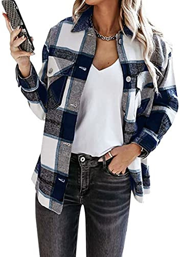 YMING Femme à Carreaux Veste Bûcheron Boutonnée à Manches Longues Chemise Boyfreind Blouse Veste Noir L