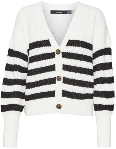 VERO MODA Maglione da Donna Vmlea LS V-Neck Cuff Cardigan Noos, Cloud Dancer/Stripes:Black, XL