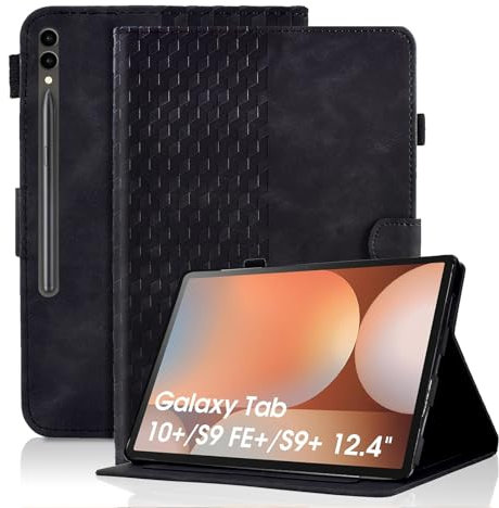 Vkooer Hülle für Samsung Galaxy Tab S10+ Plus 2024 /S9 FE+ Plus/S9+ Plus 2023 12.4 Zoll Schutzhülle PU Leder Tablet Taschen Flip Ständer Cover Case Würfel mit Stifthalter, Schwarz