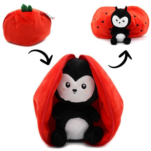 Les Déglingos - Flipetz Kuscheltier Comet der Marienkäfer/Tomate – Versteckdecke wendbar – sehr weiches Plüschtier für Babys – Geschenkideen zur Geburt