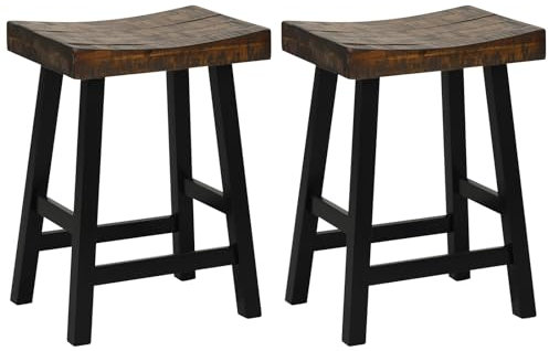 TANGZON Bar Stools Set of 2/4, Solid Wood Saddle Seat Stools with Footrests & Non-slip Foot Pads, 62/74cm Counter Height Rustic Backless Bar Chairs for Kitchen Pub Bistro Dining Room (2, 44x33x62cm)