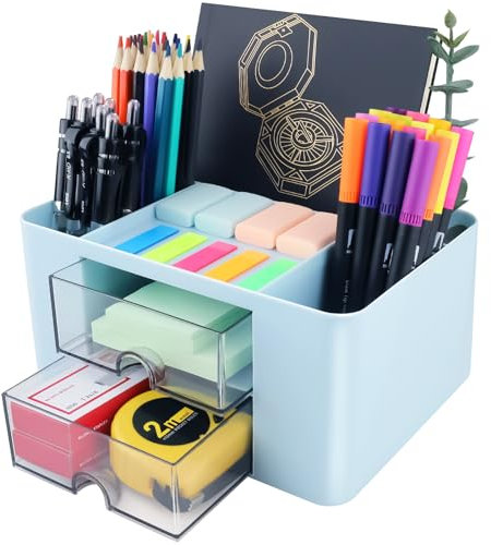 DoDuo Schreibtisch Organizer Weiß, Plastik Stifthalter Schreibtisch 5 Fächer und 2 Schubladen, Multifunktionaler Desk Organizer Kinder Aesthetic für Stifte Büro Zuhause Schule (Blau)