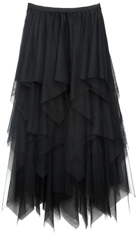 XNIVUIS Damen Faltenrock Tüllrock Damen Lang Sommerrock Lagenrock A-Linie Asymmetrisch Röcke Tütü Midi-Swing-Rock Midirock Kurzer Skater Röcke Unregelmäßiges Netz Einheitsgröße (Schwarz)