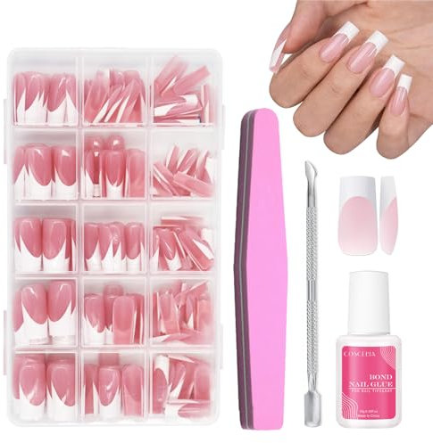 False Nails - 240 Pcs Coffin Press on Nails French Tip Nude Color False Nail Kit - Full Cover Stick on Nails Ballerina Nail Art with Nail File,Cuticle Pusher,Nail Glue