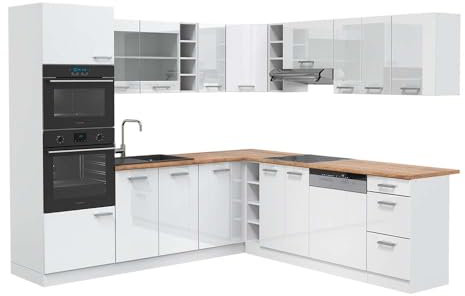 Vicco Eckküche R-Line, Küchenzeile in L-Form, Weiß Hochglanz/Weiß, 237 x 247 cm, AP Eiche