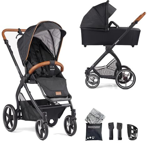 Gesslein Kinderwagen FX4 STYLE, Baby Erstausstattung (leichtes Kinderwagen Set, Liege- und Sitzoption, individuell einstellbar, Fünf-Punkt-Sicherheitsgurt, Kinderwagen 3 in 1, mit Handbremse), Schwarz