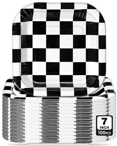Potchen 100 Pcs Black/White Checkered Disposable Paper Plates, 7 Square Dessert Plates for Meals, BBQ, Parties, Camping, Hiking, Desserts