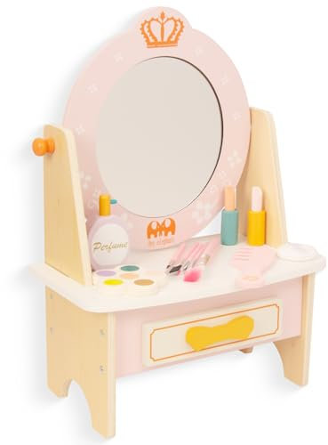 Tavolo da toeletta rosa in legno con cassetti e specchio a 360°, 11 pz bellezza e accessori per il trucco per ragazze regalo 3+