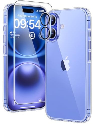 TAURI Cover per iPhone 16 con Pellicola in Vetro Temperato,Custodia per Sottile Antishock, Anticaduta - Trasparente
