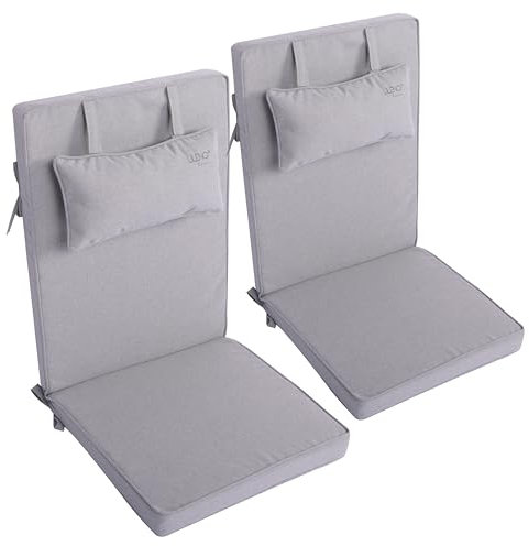 LILENO HOME Gartenstuhl Auflagen mit Kopfkissen [2er Set - Hochlehner] in Silber - Sitzauflagen für Gartenmöbel - Stuhlkissen für Gartenstühle und Klappstühle Dub