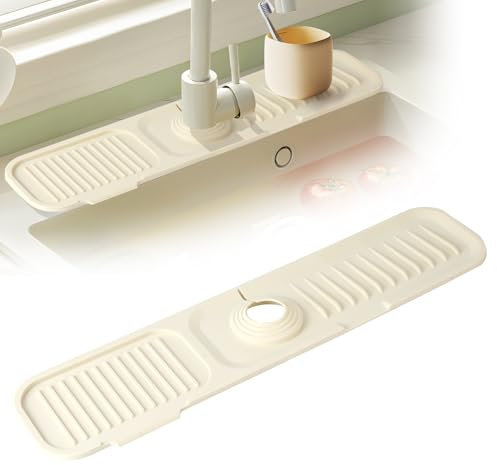 Wasserhahn Spritzschutz, Silikon Wasserhahn Matte, 45*10cm, Wasserhahnmatte für Küchenspüle, Wasserhahnschutz & Abtropfmatte, 2024 Verbesserte Wasserhahnmatte für Küchen und Badezimmer, Weiß