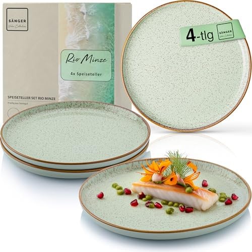 Sänger Rio Minze | Teller Set 4 Personen, 4x Speiseteller Set aus Steingut, Dinner Set kratz- mikrowellen- spülmaschinenfest, Steingut Teller Essteller mintgrün| VALUE COLLECTON