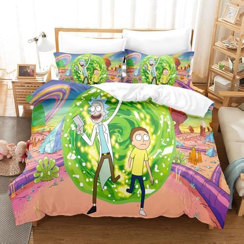 PTNQAZ Rick and Morty Kinder-Bettwäsche-Set, 3-teilig, Rick and Morty, 3D-Druck, Naturansicht, Blumengeschenk für Jungen, Mädchen, Kleinkinder, Männer, Frauen, Geburtstagsgeschenk (3, Einzelbett)