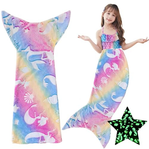 Meerjungfrau Decke Glow in The Dark, 100x50 cm Meerjungfrauen Flosse, Kuscheldecke für Mädchen Kinder Erwachsene, Flanell Sofa Decken alle Jahreszeiten Schlafsack Geschenk für Geburtstag Weihnachten