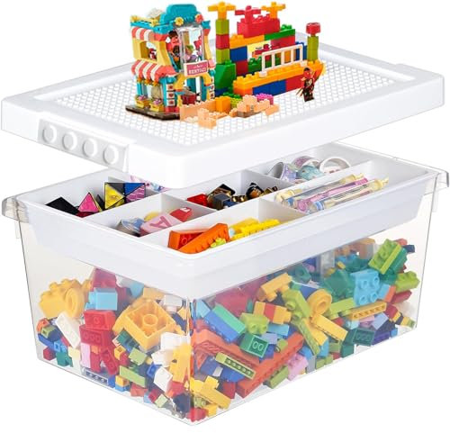 Duscdesp Aufbewahrungsboxen mit Deckel für Bausteine, Spielzeugkiste mit Abnehmbares Tablett und Bauplatte, Sortierboxen für Kleinteile Kunststoff Aufbewahrungsbox für Spielzeug, Handwerk (Weiß)