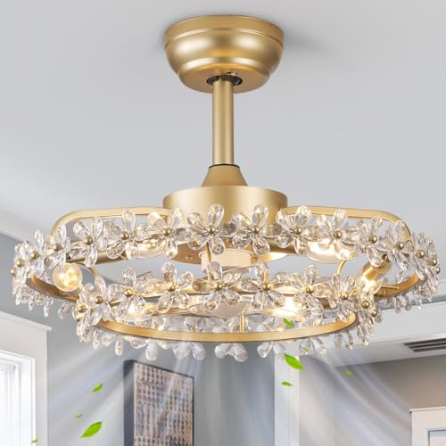 SabvioZh Fandelier - Ventilador de techo de cristal de 6 luces, ventilador de techo con luces y control remoto, color dorado