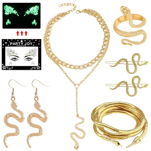 ARONRAVE Medu-Sa Kostüm Zubehör Medu-sa Kopfschmuck Gold Schlangen Halskette mit Armband Schlange Kostüm Zubehör Halloween Schmuck für Griechisches Göttin Party KostümDamen(6PCS)