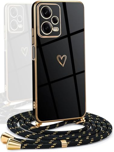 YAMCCCSE Coque avec Cordon Compatible avec Redmi Note 12 Pro 5G/ Poco X5 Pro 5G, Galvanoplastie Motif Coeur d'amour Housse Antichoc TPU Silicone, Réglable Etui avec Lanière,Noir