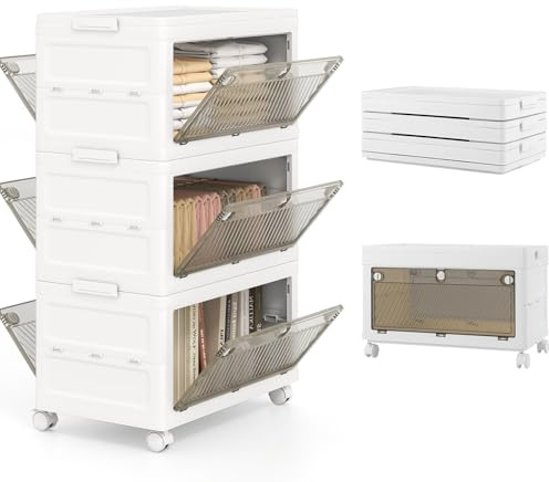 KOMFOTTEU 126/168 L Aufbewahrungsbox stapelbar mit Deckel, Ordnungsboxen Stapelboxen mit Rollen, Lagerboxen Aufbewahrungsbehälter für Kleidung, Schuhe (3 Etagen)