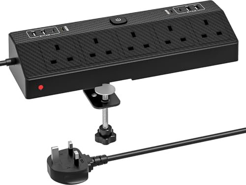 Desk Extension Lead with USB Slots,2PD 20W Fast Charger(8 USB Ports),5AC Black 1.8M Desk Power Socket Extension Cable, Plug Extension Socket for Home Office Accessories