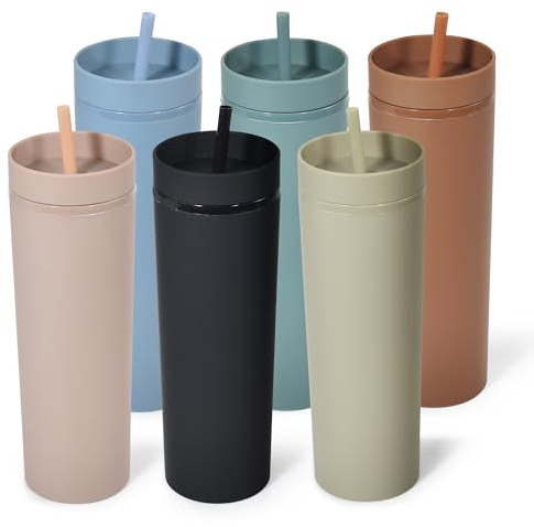 sweet grain Multicolor Skinny Tumblers with Lids and Straws(6 Pack) - 16oz Matte Pastel Colored Skinny Acrylic Tumblers, Double Wall Plastic Tall Skinny Tumblers Bulk for Cold Hot Drinks - Morandi