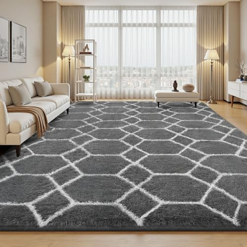 Sour Lemon Hochflor Teppich Grau Carpet Wohnzimmer 120x160 Waschbar | Anti-Rutsch Extra Große Teppiche Schlafzimmer Flauschige Moderne Teppiche Matte Teppichen für Schlafzimmer Kinderzimmer