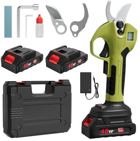 COWISH Electric Pruning Shears w/LCD Display, Brushless Electric Secateurs w/ 2 x 2000mAh 21V Batteries, Max 40mm Cutting Diameter Cordless Electric Pruners Scissors for Garden Branches, Green