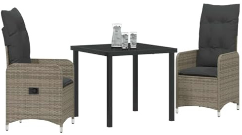 vidaXL Garten Essgruppe mit Kissen 3 pcs Grau Poly-Rattan, Garten- und Terrassenset, langlebig, leicht, Poly-Rattan, wetterfest, stylisches modernes Mobiliar
