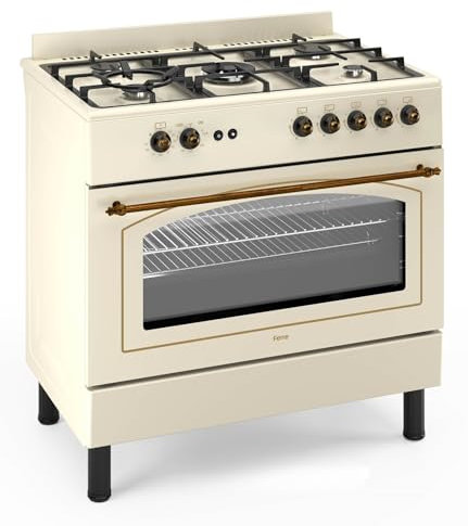 Ferre F9S50GF-CR-RETRO 90cm Gas Range Cooker With Double Turbo Fan & 5 Burner(1 Wok) Gas Hob - Cream