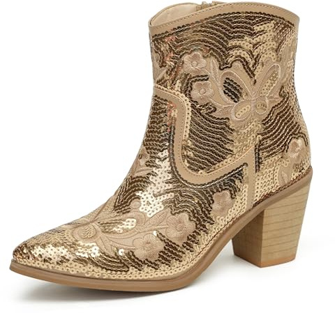 JABASIC Damen Western Stiefeletten Kurze Cowboystiefel mit Reißverschluss Spitze Stiefel