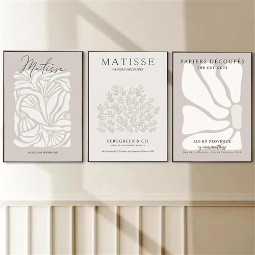 LTjiajuypd Abstraktes neutrales Matisse-Poster, Bohemian-Stil, beige, Blumenmuster, Leinwandgemälde, Vintage-Wandkunst, Druck, Bilder, Schlafzimmer-Dekoration, 50 x 70 cm, 3 Stück, rahmenlos