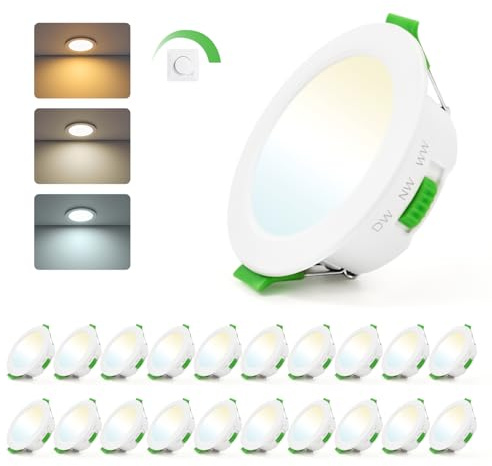 Leselux 5W Einbaustrahler 230V Dimmbar 3CCT IP44 LED Spots Flach, 20er Set | Spots Deckenleuchte mit 3000K/4000K/6000K 380LM, 65-80mm Lochmaß, Einbauleuchten Ultra Flach für Badezimmer Küche Wohnzimmer