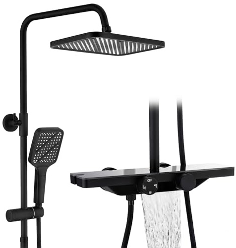 HOMELODY Duschsystem mit Thermostat und Glasablage Schwarz - Duscharmatur Komplettset mit 30cm, Handbrause 3 Strahlarten und Unterer Auslauf - Duschset Regendusche mit Armatur
