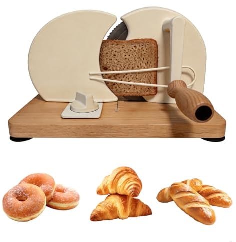 KIRJAUDU Brotschneidemaschine Manuell, Klassischer Brotschneider mit Holzschneidebrett & Edelstahlklinge, Einstellbare Schnittstärke, Rutschfest & Leicht zu Reinigen, für Haushalt, Café und Bäcker