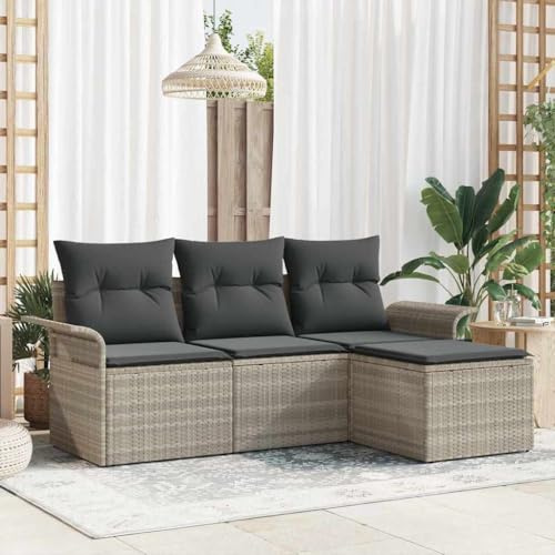 Hoopleep Garten Sofa Set, 4-teilig, Grau, Poly-Rattan, mit Kissen, Akazienholz Akzente, Modulares Design, für Terrasse, Balkon