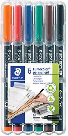 STAEDTLER permanenter Universalstift Lumocolor, wisch- und wasserfest, sekundenschnell trocken, nachfüllbar, Linienbreite 1 mm, 6 Marker in sortierten Farben in stabiler STAEDTLER-Box, 317 WP6
