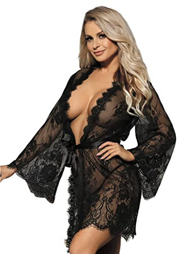 ohyeahlady Women's Plus Size Lingerie Sets Lace Robe Sexy Outfits Sheer Babydoll Negligees Mesh Nightwear Ladies Kimono Dressing Gowns with G-String Belt Black UK Size 16 18