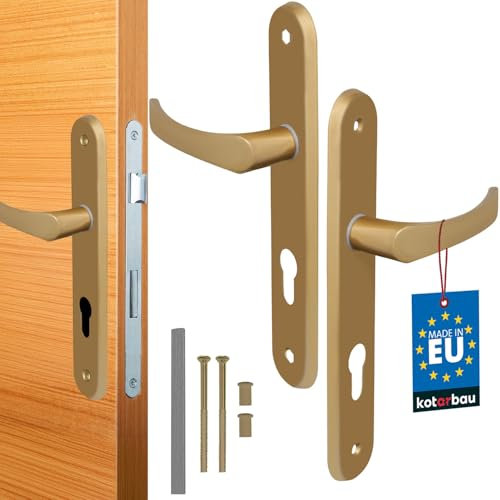 KOTARBAU® Juego de manillas para puerta, Manilla de cilindro de perfil, 72 mm, Manillas de aluminio - dorado, 2 Manetas, Manijas de placa larga, Diseño clásico, Kit de montaje incluido, Picaportes