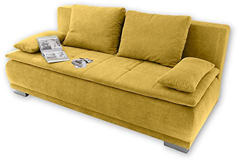 Stella Trading LUIGI Bequemes Schlafsofa mit Bettkasten, Stoffbezug Senf - Klappbares Sofa mit Schlaffunktion und fest vernähtem Schaumtopper - 211 x 93 x 103 cm (B/H/T)