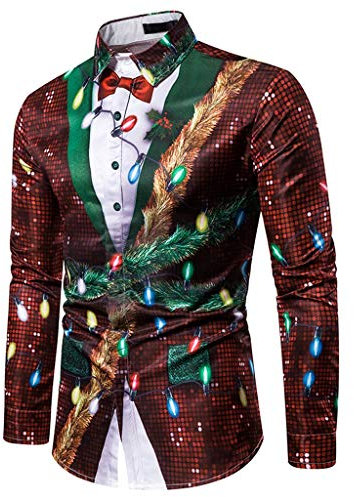 NoëL Chemise Homme A Fleur Imprimé Flocons De Neige Tops Chemise Col Mao Slim Fit Manche Longue Pas Cher Faux Deux PièCes Chemise Homme HawaïEnne (2XL, Rouge)