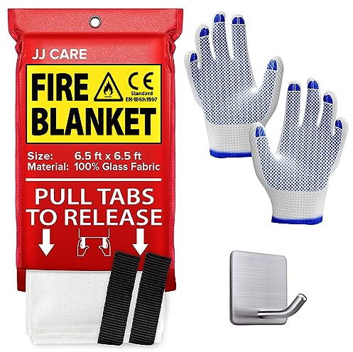 JJ Home Goods [XL] Fire Blanket for Home 6.5 ft x 6.5 ft (Pack of 1) with Hook & Gloves, Fire Suppression Blanket, Emergency Fire Blanket for People, Fire Blanket Kitchen, Emergency Use - White